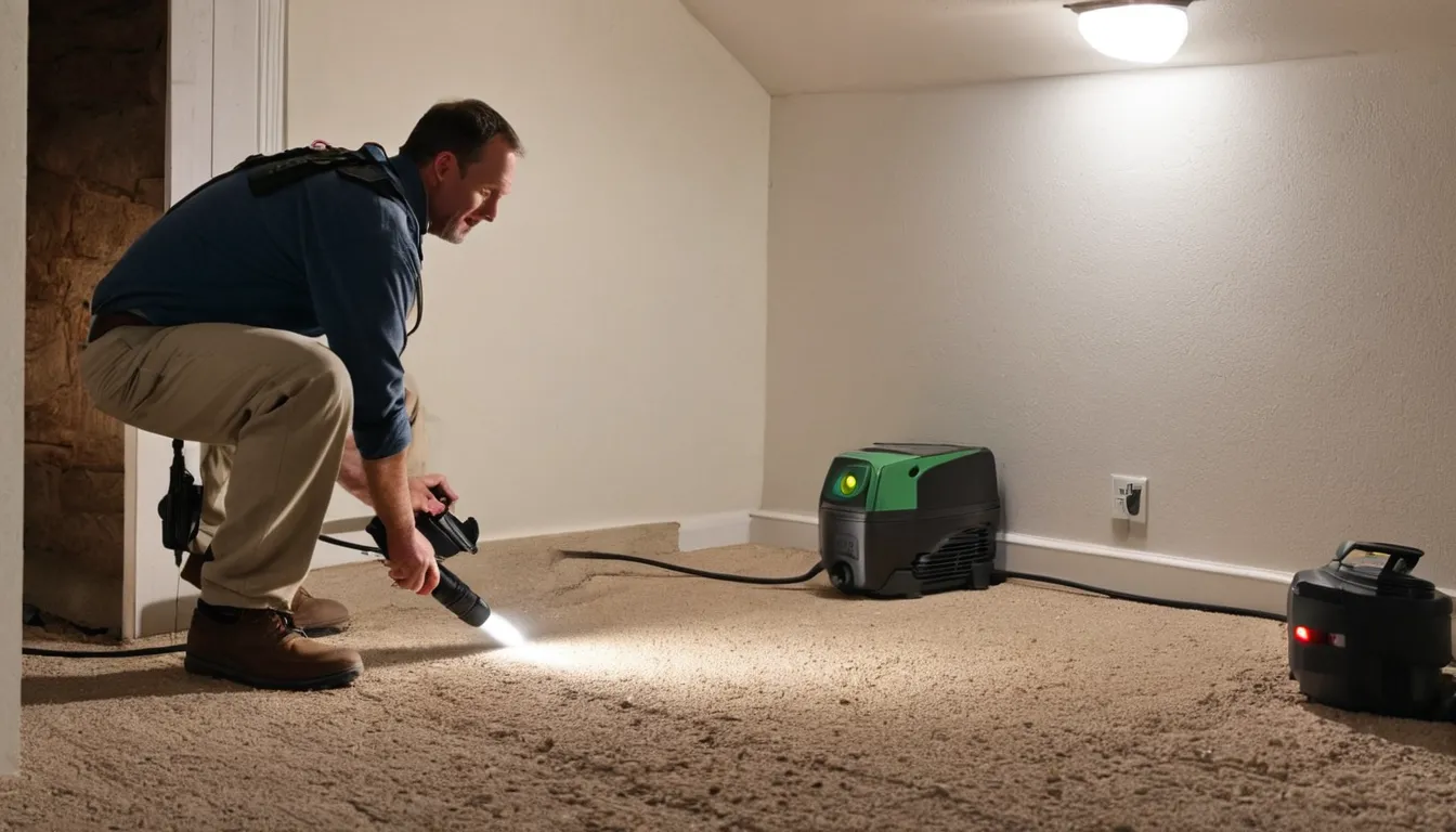 A provider checking a basement corner for pest entry points near a sump pump in the Salem Lakes area