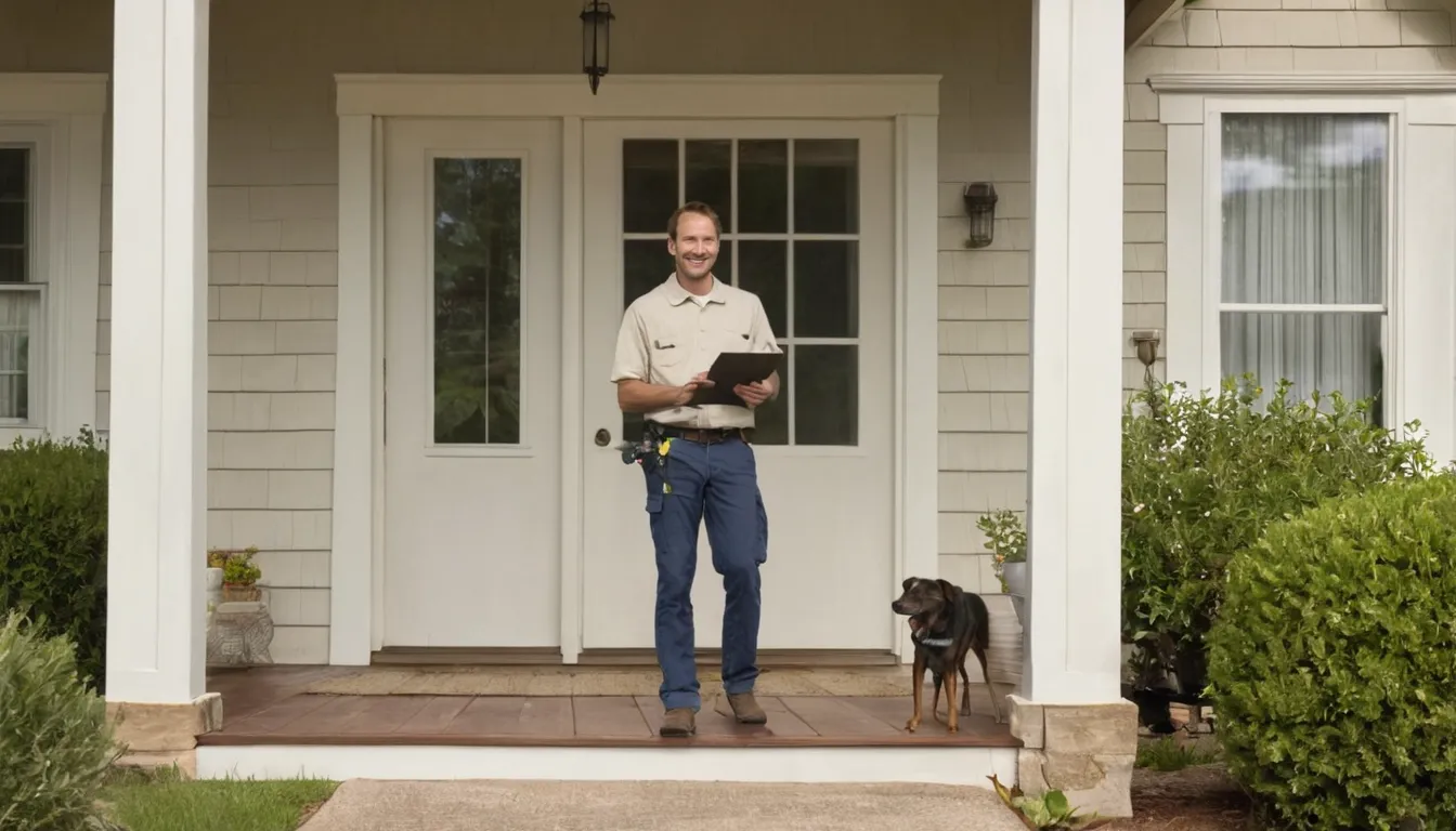 A friendly homeowner talking with a pest control provider at the front door of a house in Salem Lakes